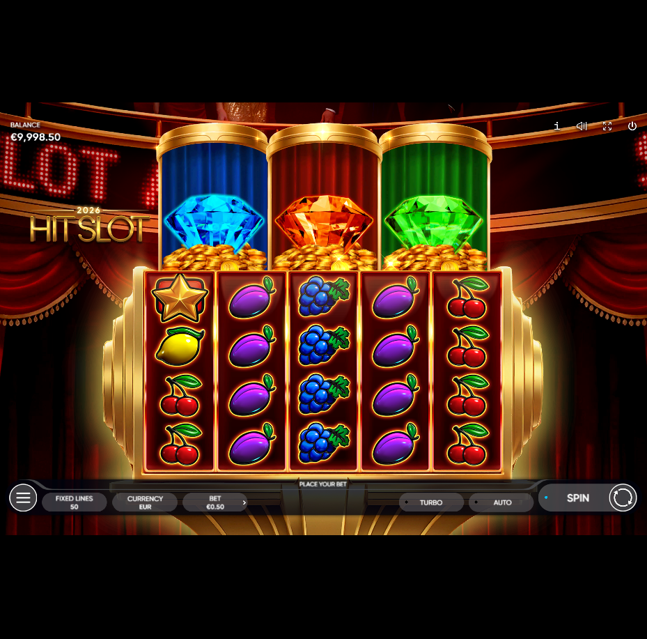 2026 Hit Slot gameplay showing 5x4 grid with fruit symbols, red curtains theater theme, and three colored diamonds above reels