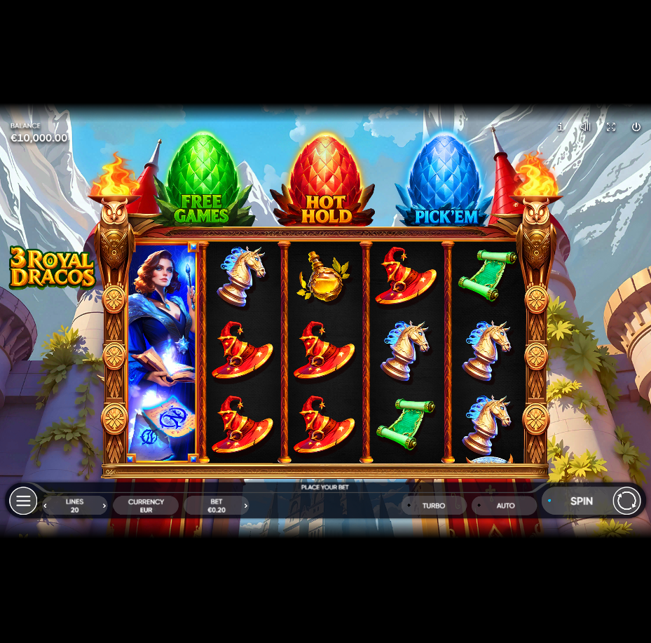 3 Royal Dracos slot gameplay showing 5x3 grid with wizard symbols, three dragon eggs above reels, and medieval castle theme