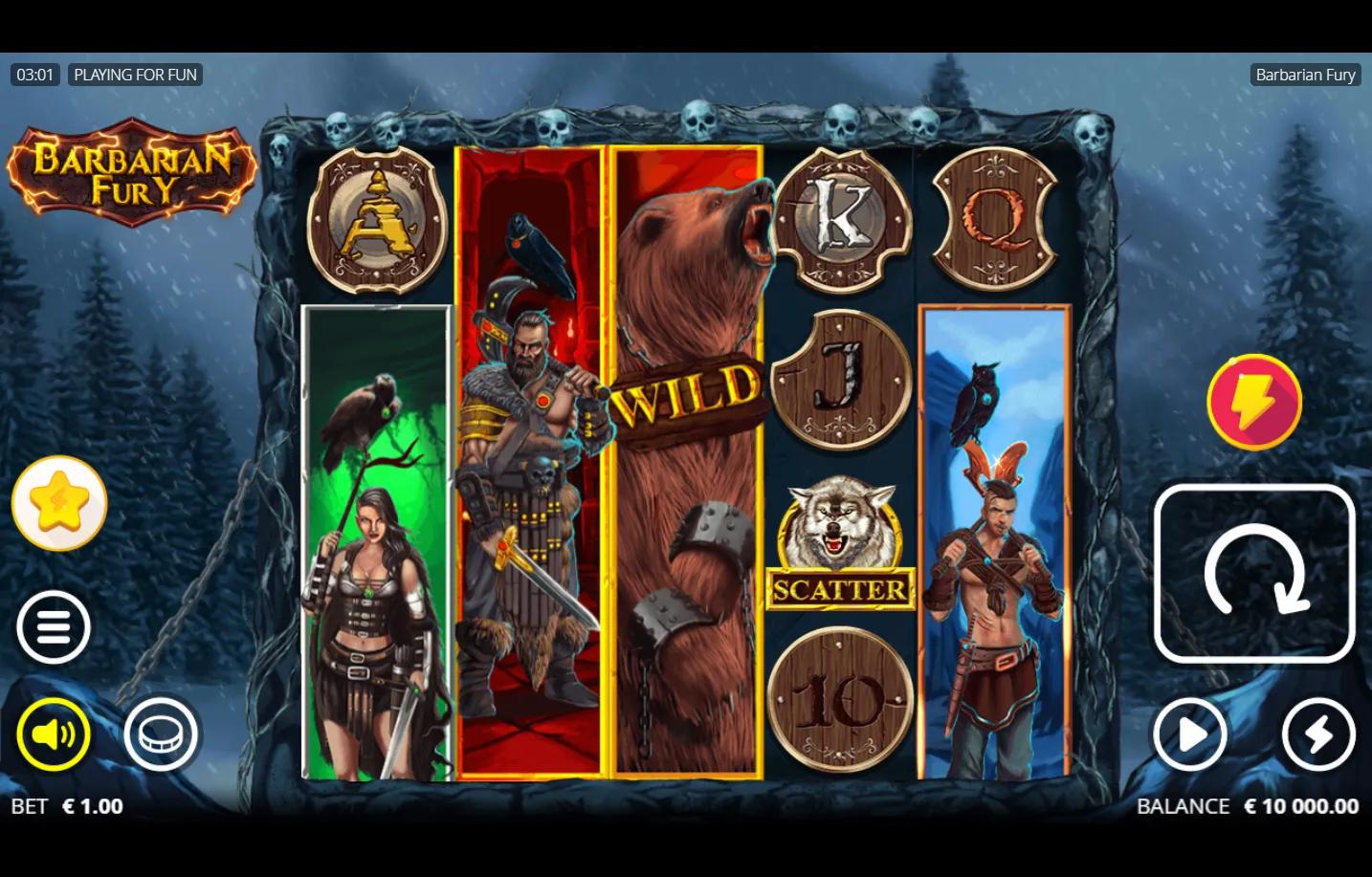 Barbarian Fury Nolimit City slot 5x4 grid with xNudge Roaring Wild grizzly bear, barbarian characters, snowy Norse arch frame