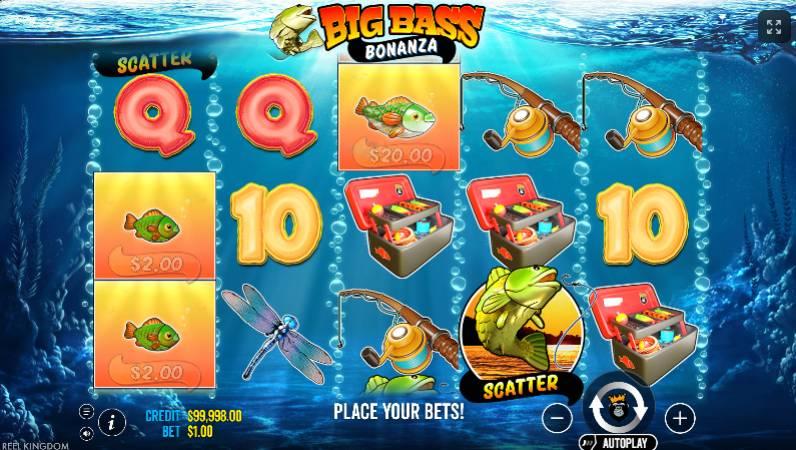 Big Bass Bonanza slot gameplay showing fishing-themed reels with bonus symbols