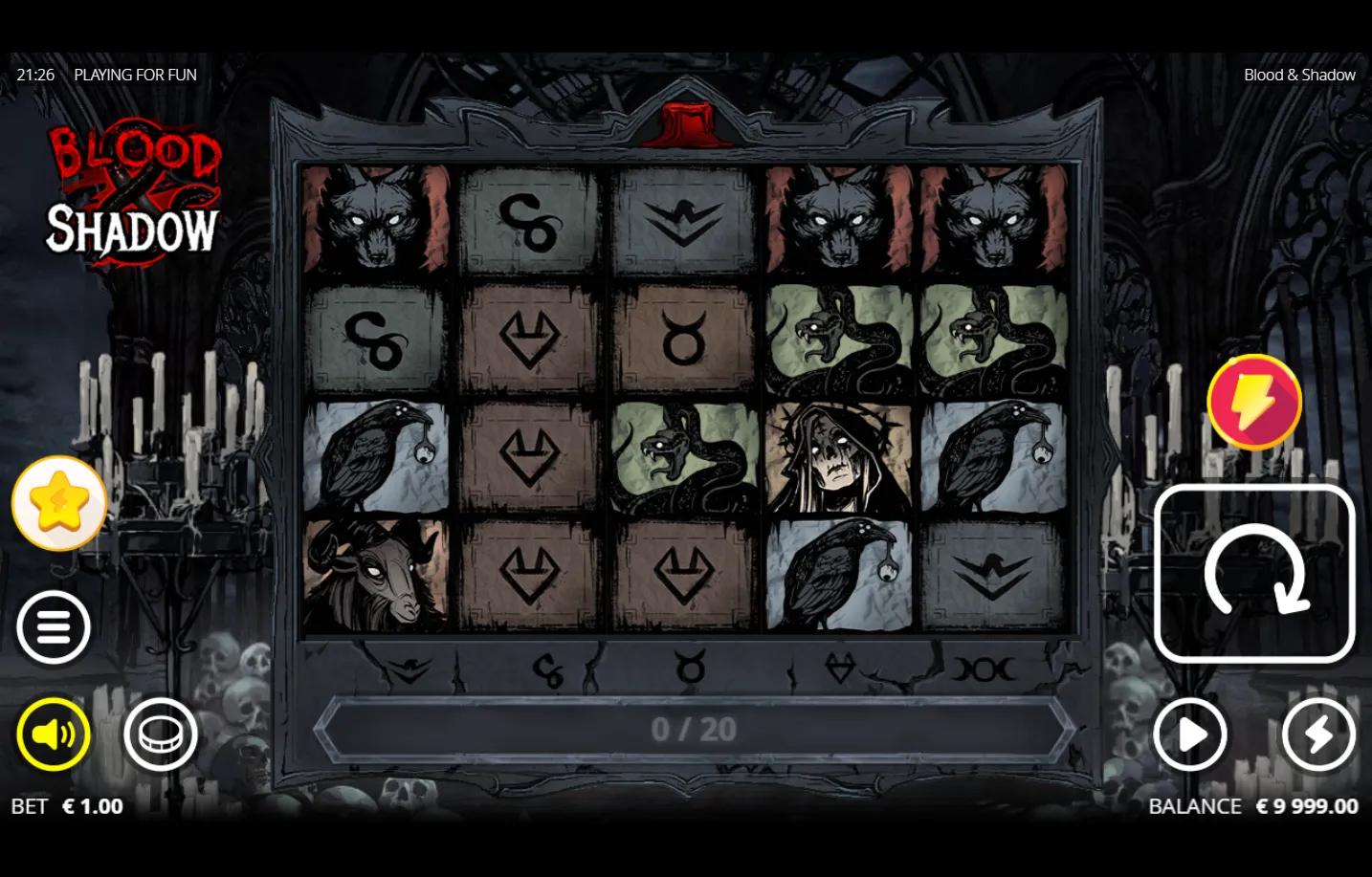 Blood & Shadow slot gameplay showing 5x4 grid with occult sigil symbols and Ritual Bar 0/20 progression