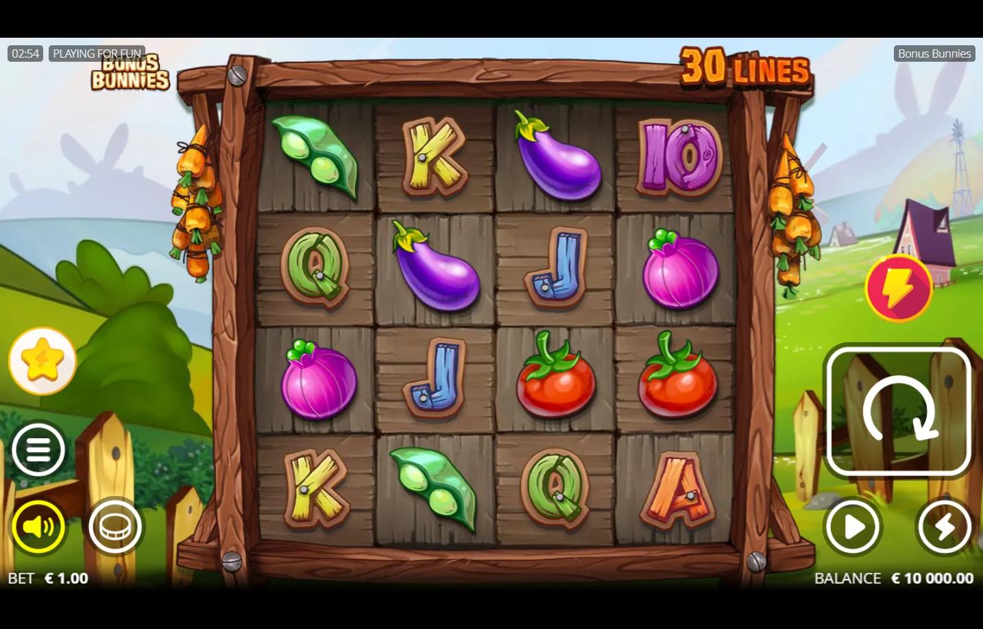 Bonus Bunnies slot 4x4 grid with eggplant, tomato, onion, pea-pod symbols on wooden plank reels, hanging carrots on frame