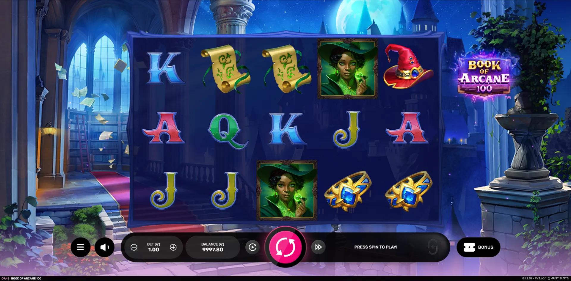 Book of Arcane 100 reels showing Fantasy symbols and Free Spins