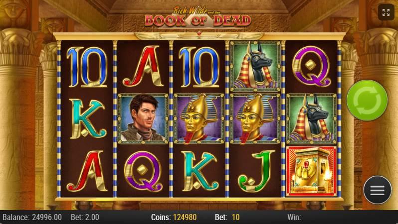 Book of Dead slot gameplay showing Egyptian-themed reels with explorer and pharaoh symbols