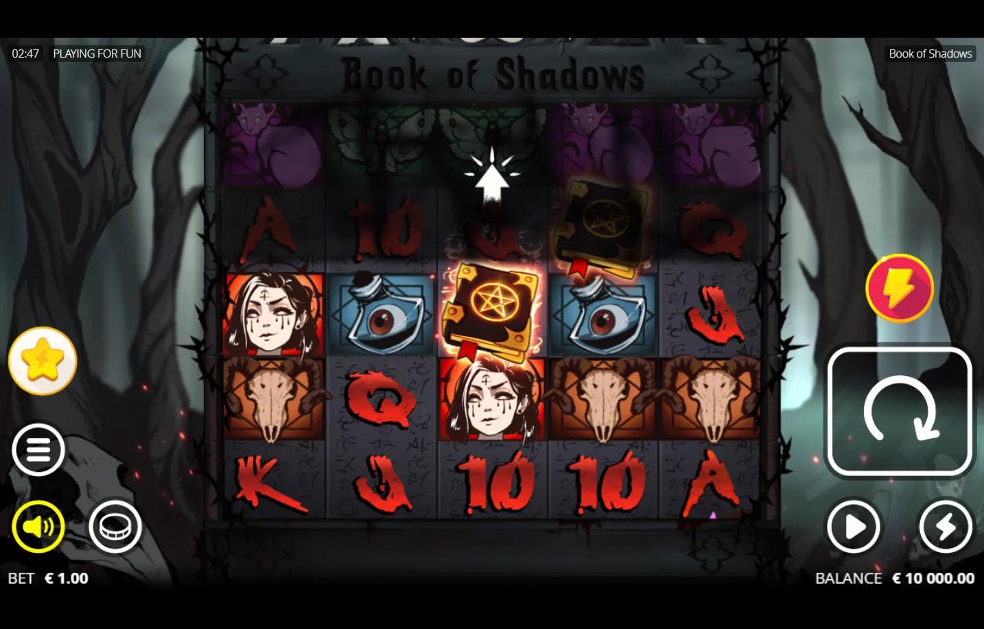 Book of Shadows Nolimit City slot gameplay - witch character, eye in potion flask, goat skull and Book of Shadows pentagram b