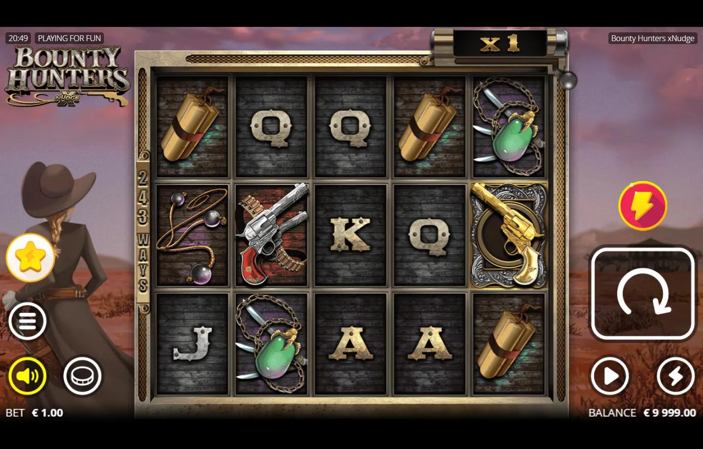 Bounty Hunters slot gameplay showing 5x3 grid with Wild West revolver and royal symbols under sunset desert