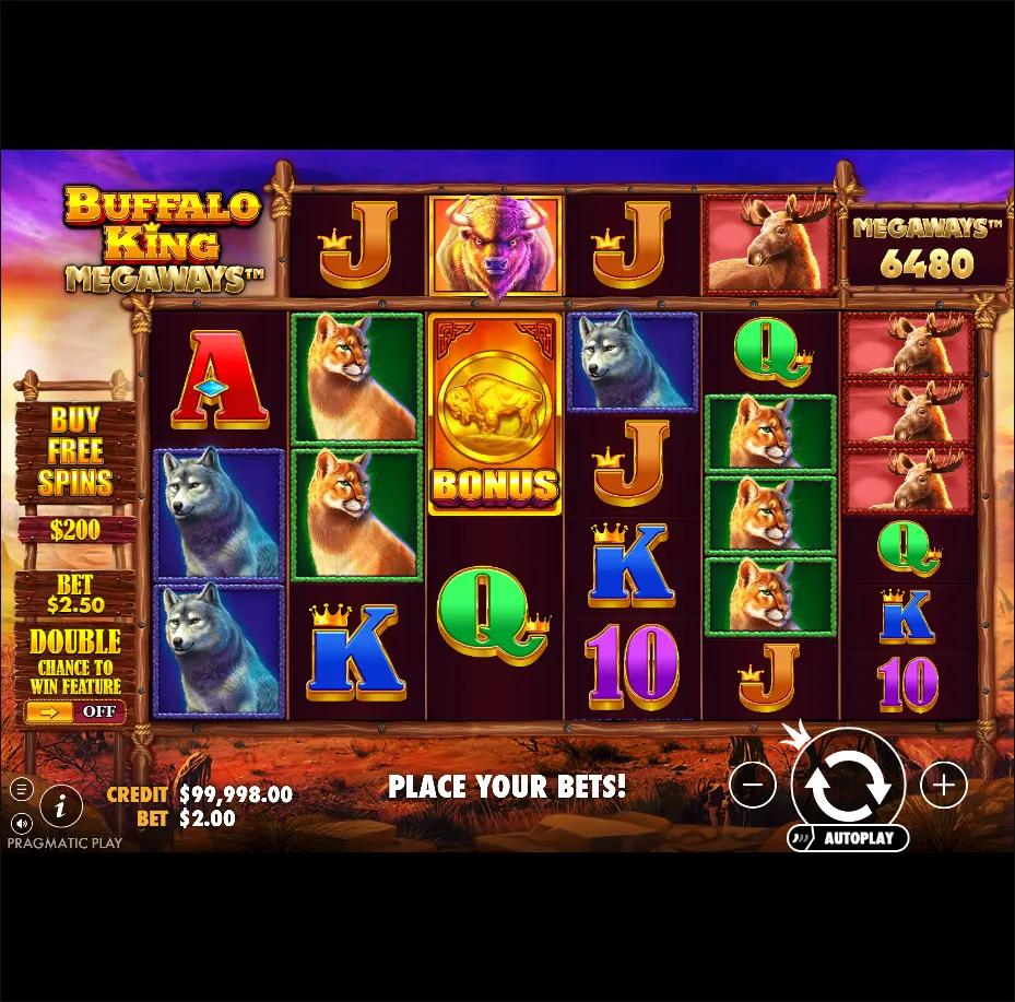 Buffalo King Megaways reels showing Animals symbols and Ante Bet