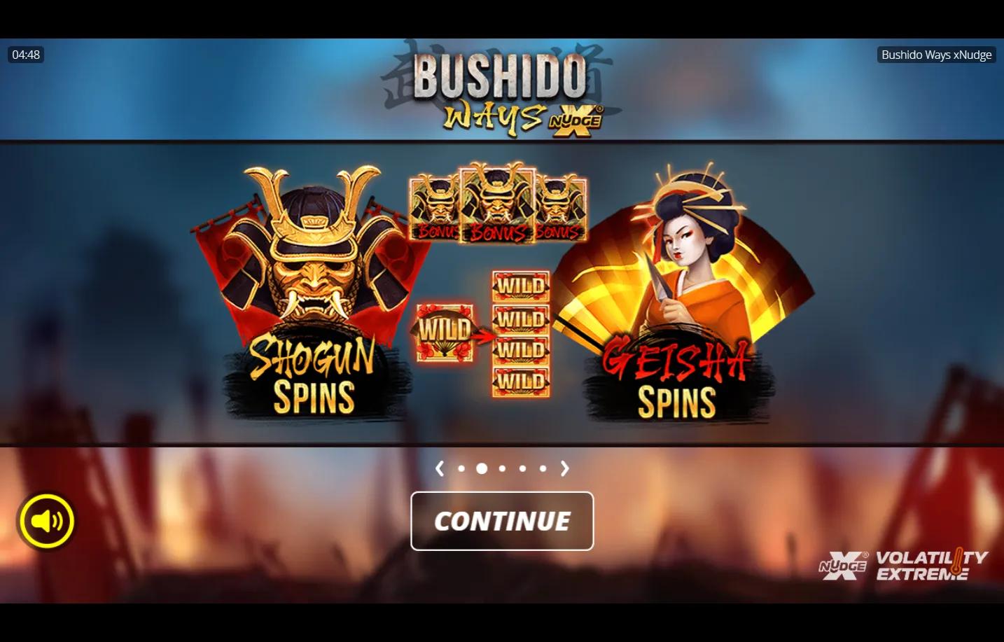 Bushido Ways xNudge slot gameplay showing 5x4 ways grid with stacked Samurai symbols and lacquered wooden reels
