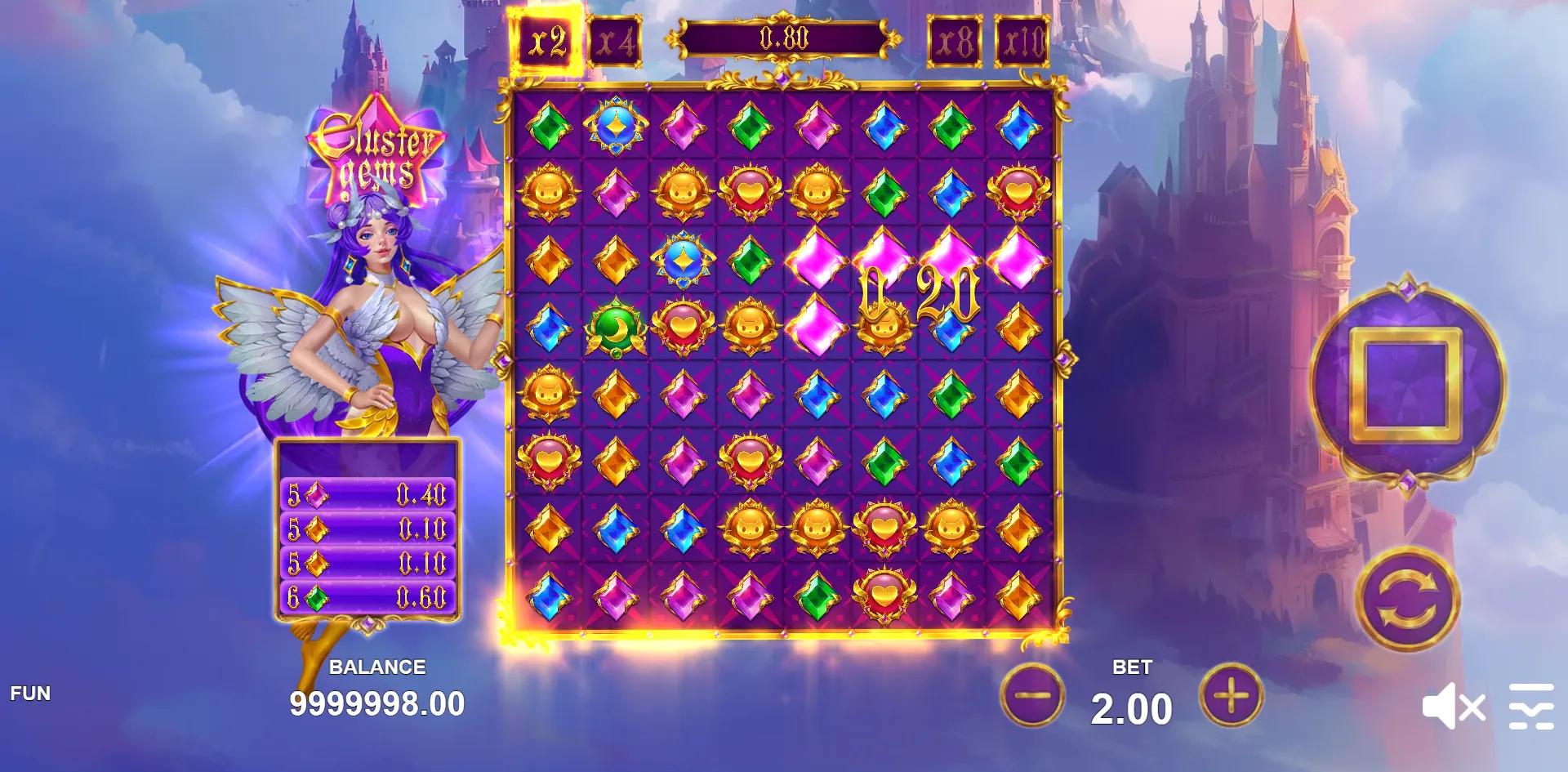 Cluster Gems reels showing Fantasy symbols and Cluster Pays