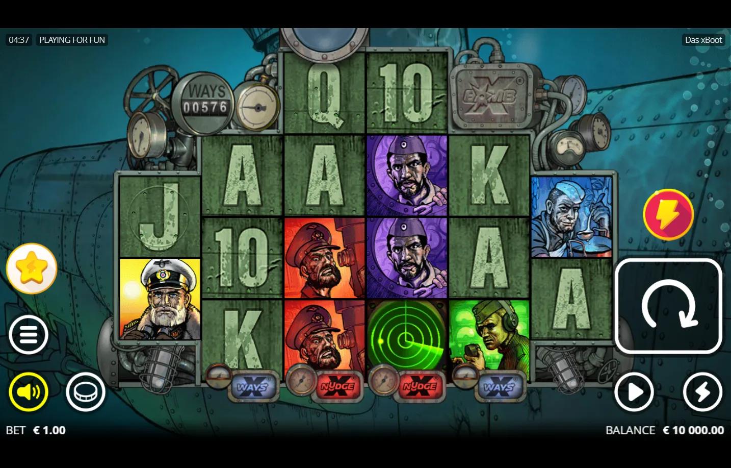 Das xBoot Nolimit City slot gameplay screenshot showing the 6-reel variable-row U-boat grid with Kriegsmarine crew character