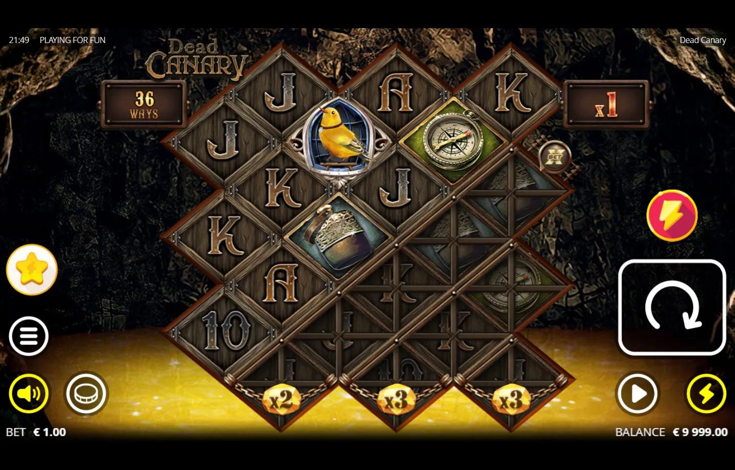 Dead Canary Nolimit City slot gameplay - diamond reel grid with canary scatter, compass mid-pay and barrier-unlock multiplier