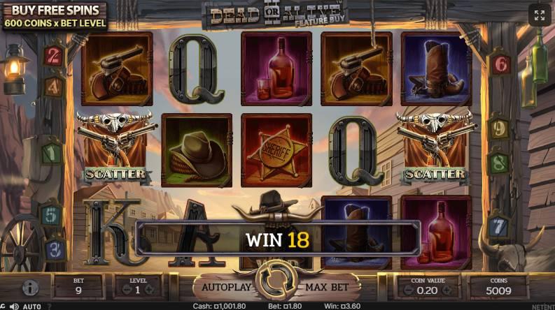 Dead or Alive 2 slot gameplay showing Wild West themed reels with wanted posters and sticky wilds