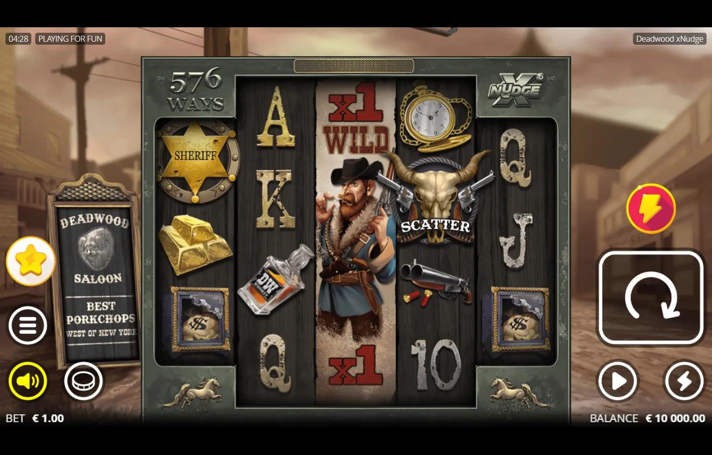 Deadwood xNudge Nolimit City western slot gameplay on 5-reel 3-4-4-4-3 grid showing cowboy Hunter Wild, gold Sheriff Badge, b