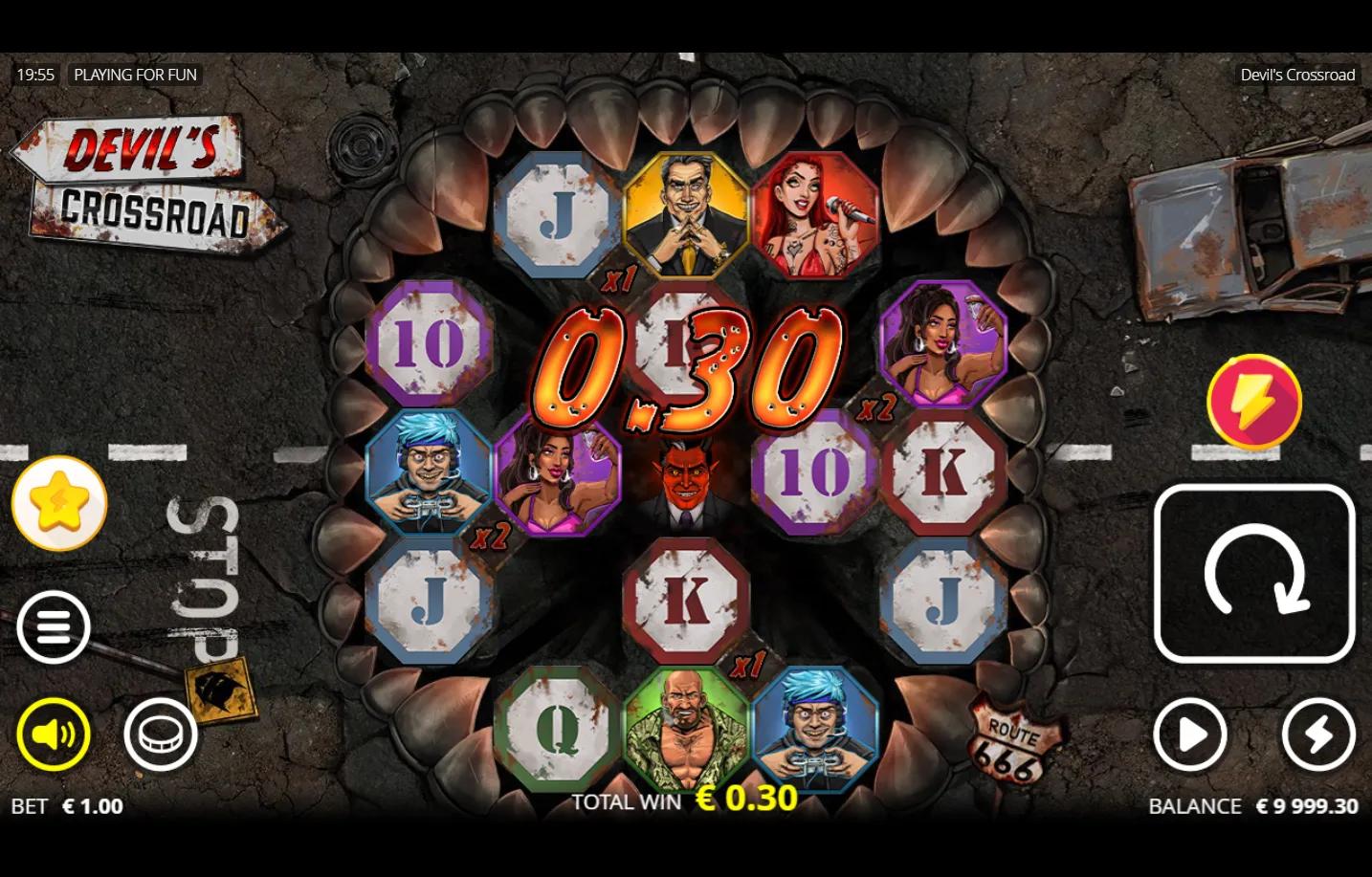 Devil's Crossroad slot gameplay showing 4 cross section grid with central Devil Wild and Crosslink Wins multipliers