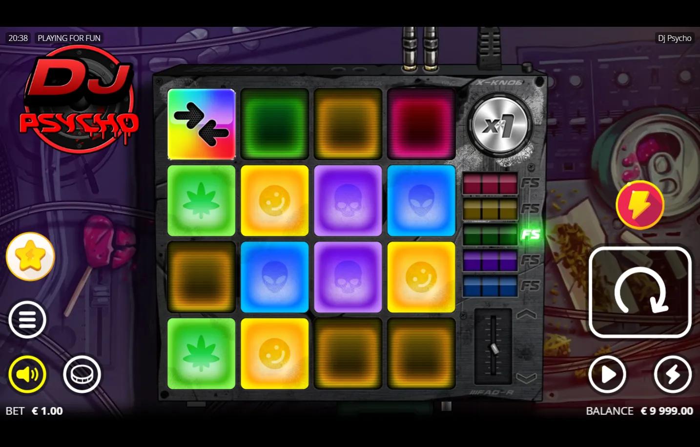 DJ Psycho slot gameplay showing 4x4 cluster grid with glowing DJ-pad symbols and Beat Bar colour multipliers