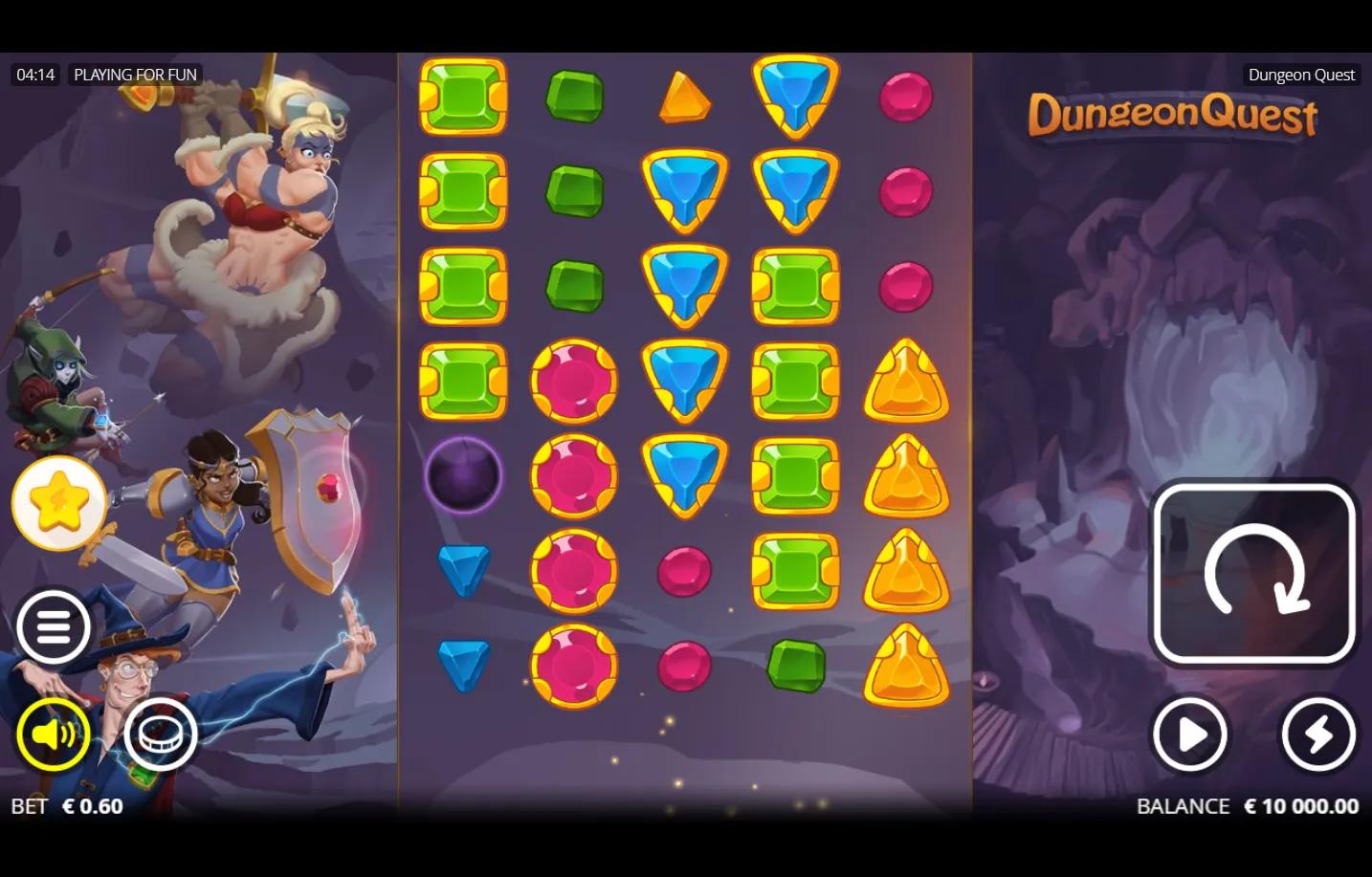 Dungeon Quest Nolimit City slot 5x7 grid showing colored ore and gem symbols with cartoon D&D characters framing the reels