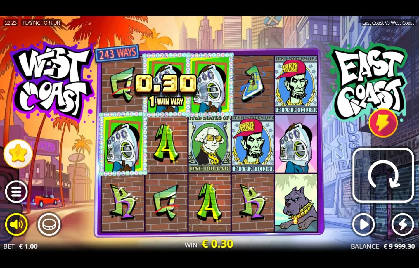 East Coast vs West Coast Nolimit City slot gameplay - 5x3 grid with West Coast palm trees and red lowrider on left, East Coas