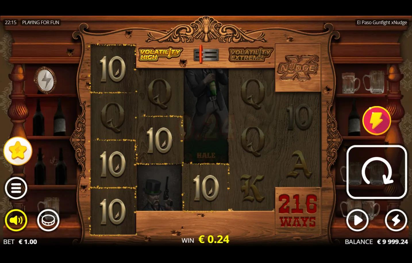 El Paso Gunfight xNudge slot gameplay showing the 216 WAYS 4-3-3-3-2 stance inside an ornate saloon bar mirror with the volat