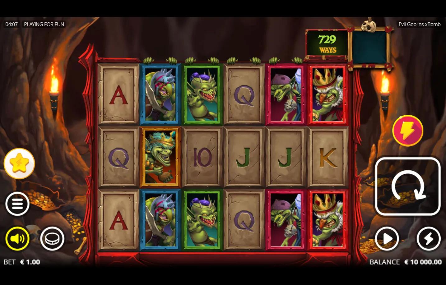 Evil Goblins xBomb Nolimit City slot gameplay showing 6-reel grid with five distinct cartoon goblin character symbols, goblin