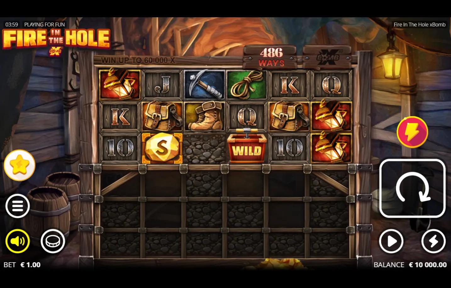 Fire in the Hole xBomb Nolimit City slot gameplay showing a 6-reel dwarven mine grid with 3 active rows, gold lantern, pickax
