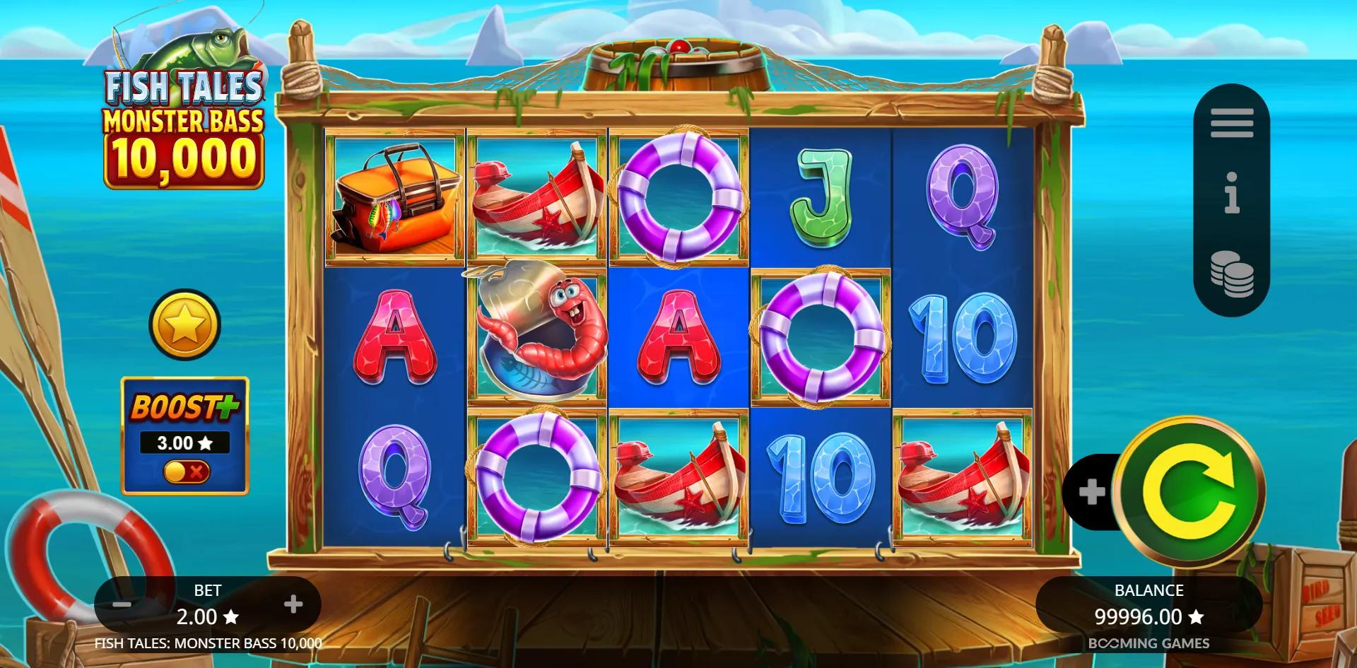 Fish Tales: Monster Bass 10,000 reels showing Fishing symbols and Free Spins