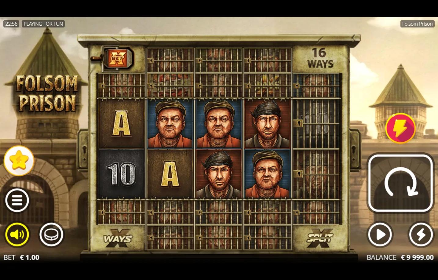 Folsom Prison Nolimit City slot gameplay showing cast-iron prison bars framing 16-ways grid with inmate mugshot symbols and o