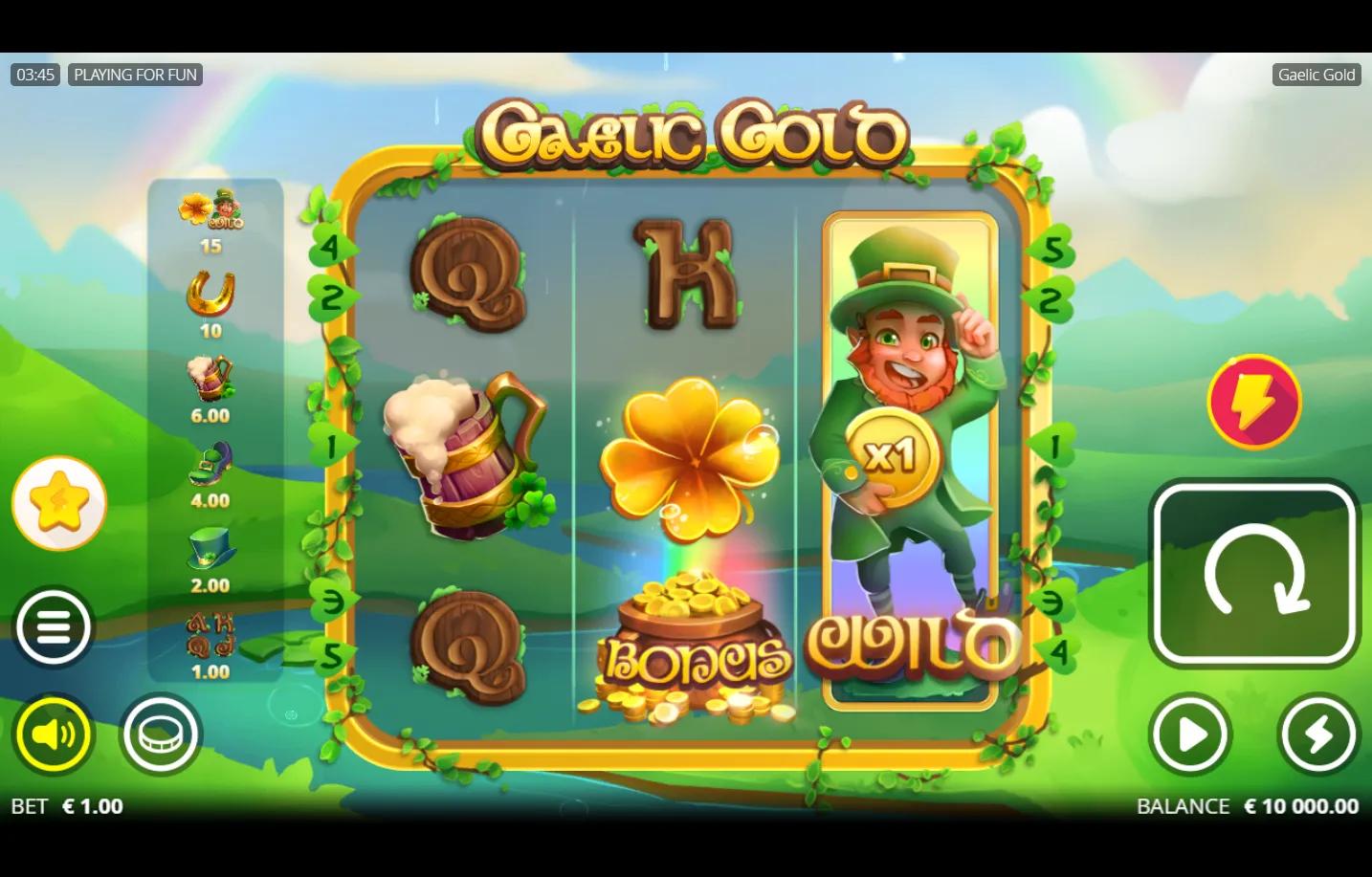 Gaelic Gold Nolimit City slot 3x3 grid with Leprechaun xNudge Wild, Pot of Gold Bonus, four-leaf clover, gold-trimmed reel bo