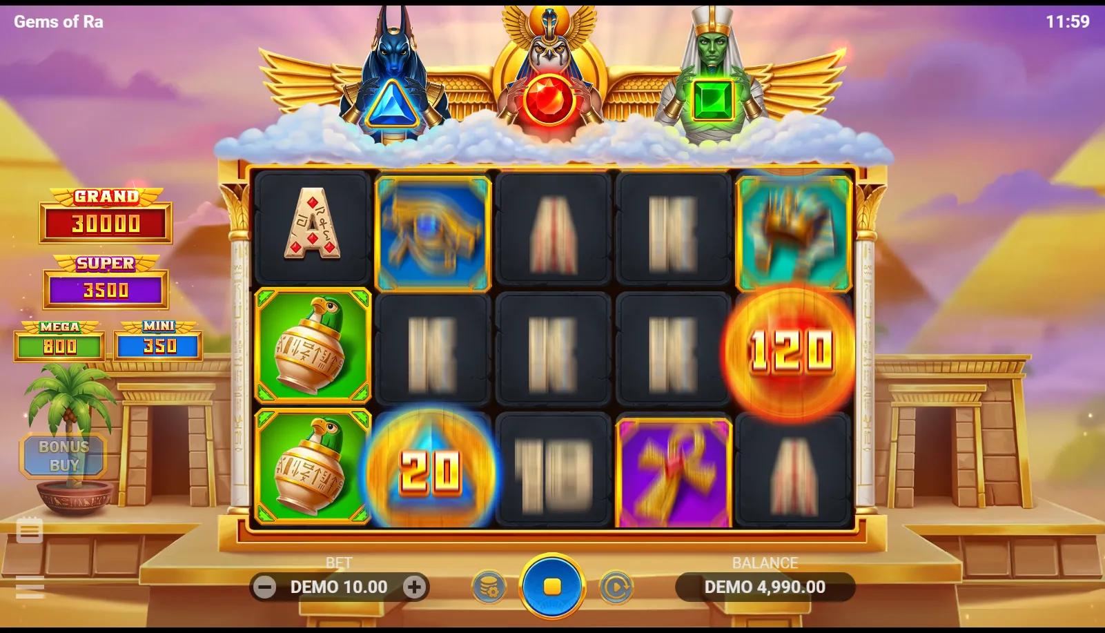 Gems of Ra reels showing Egyptian symbols and Bonus Game