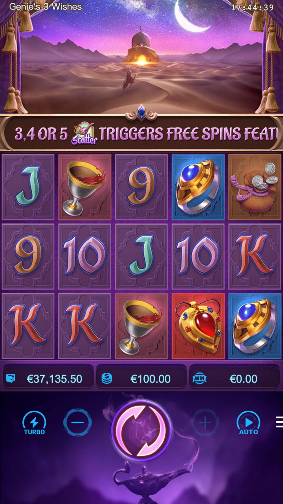 Genie's 3 Wishes slot gameplay screenshot