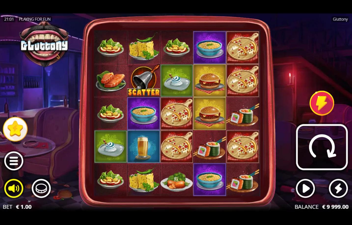 Gluttony slot gameplay showing 5x5 grid with photo-realistic food plate symbols and Scatter bell