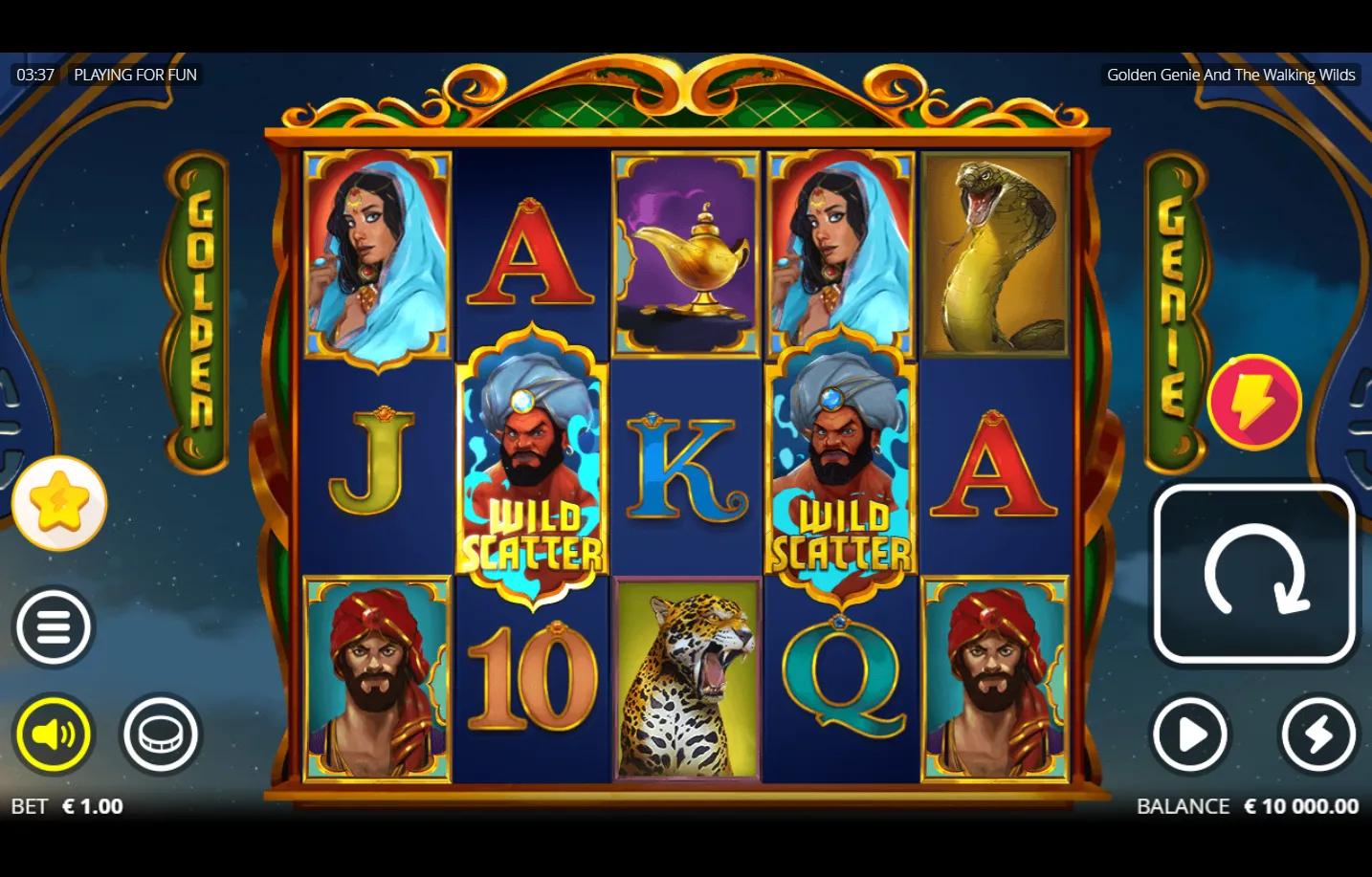 Golden Genie and the Walking Wilds Nolimit City slot gameplay - Arabian Nights themed 5x3 grid with Wild+Scatter Genie symbol