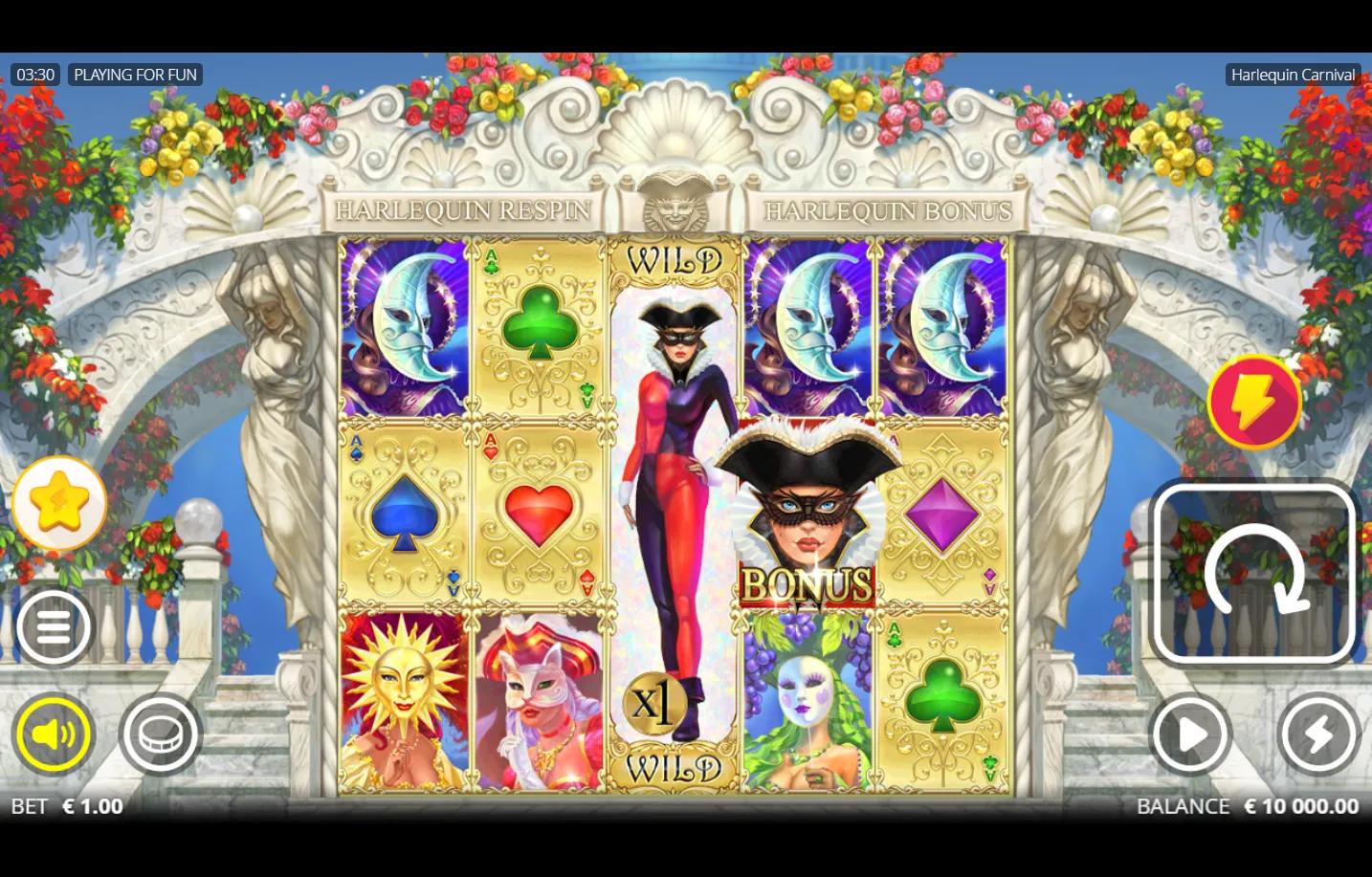 Harlequin Carnival Nolimit City slot gameplay - Venetian baroque carnival 5x3 grid with red and purple Harlequin Wild dancer,