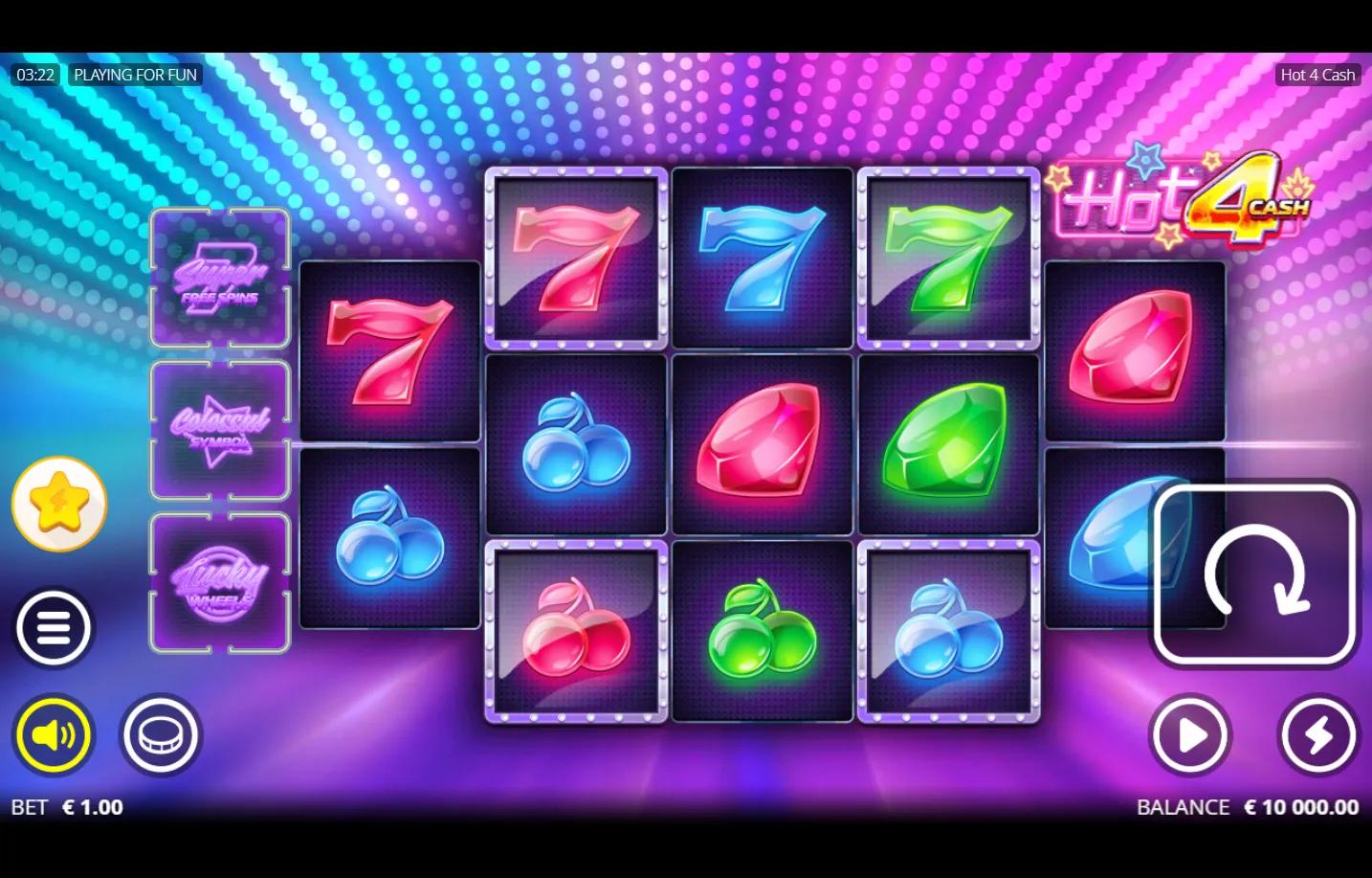 Hot 4 Cash Nolimit City slot gameplay screenshot showing the 5-reel 13-position grid with red, blue and green neon sevens, ge