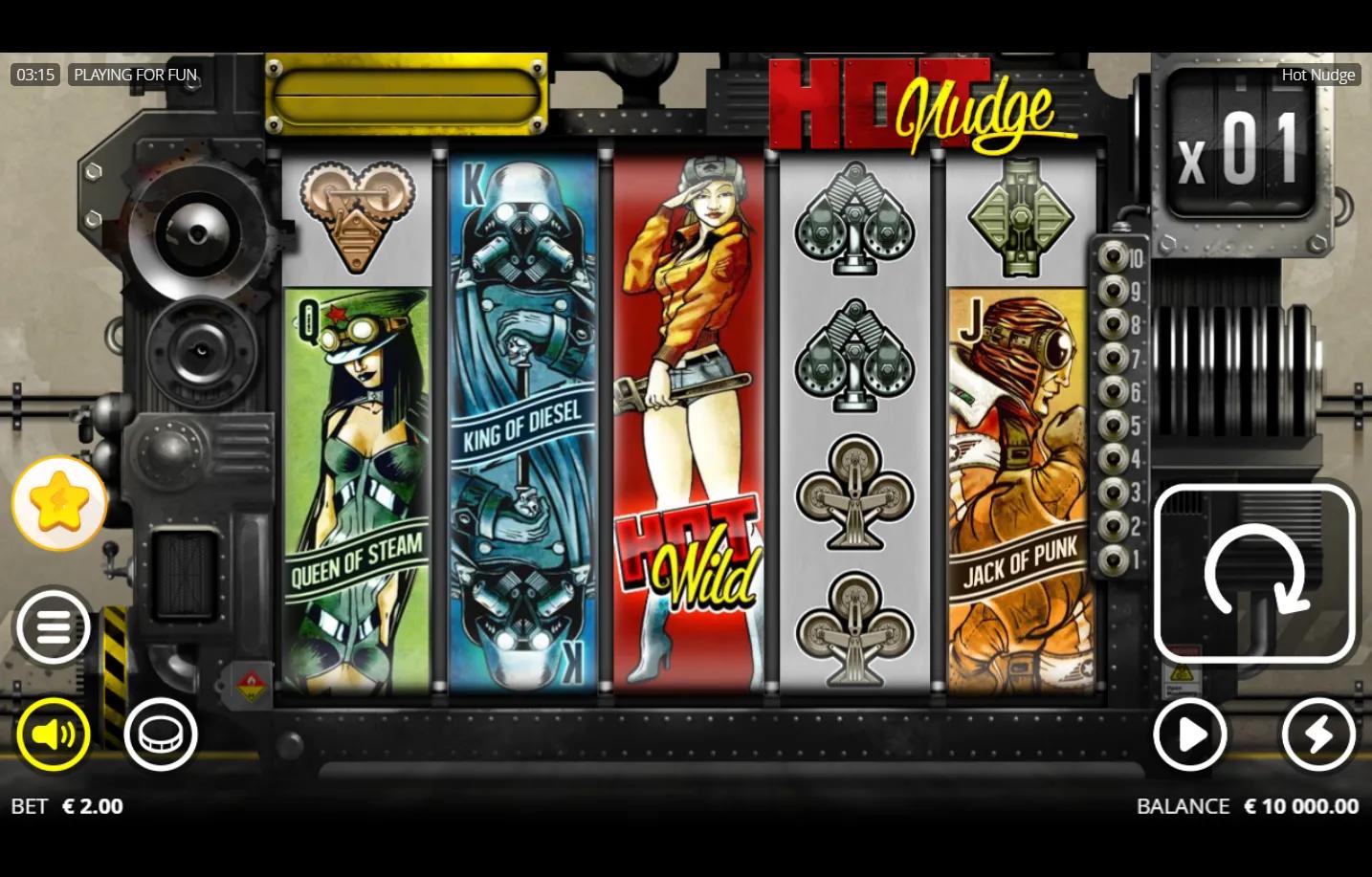 Hot Nudge Nolimit City slot gameplay - steampunk pinup industrial 5-reel 4-row grid with Queen of Steam goggle girl, King of