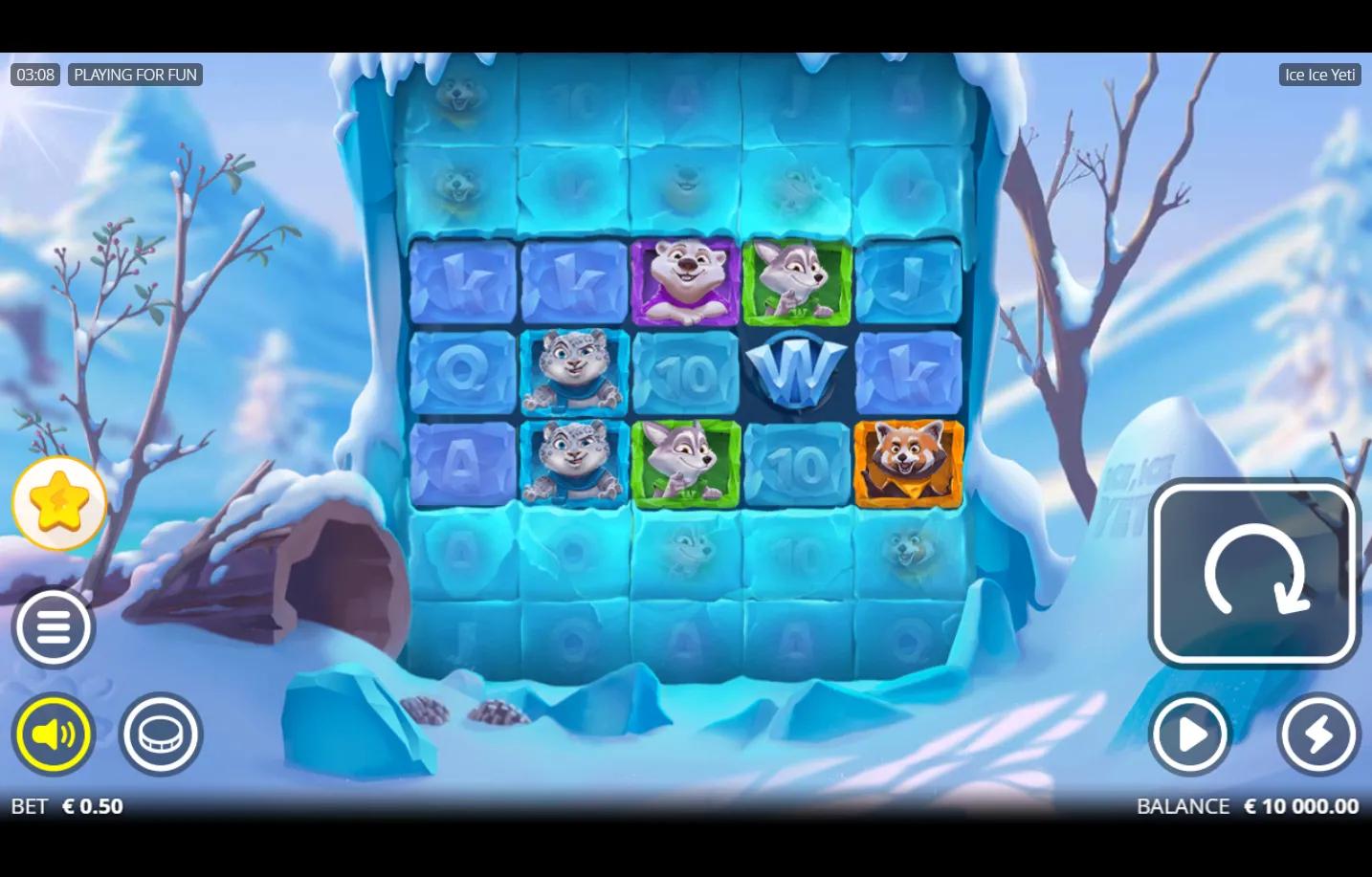 Ice Ice Yeti Nolimit City slot gameplay screenshot showing 5-reel 7-row ice block grid with kawaii arctic animal Rascal symbo