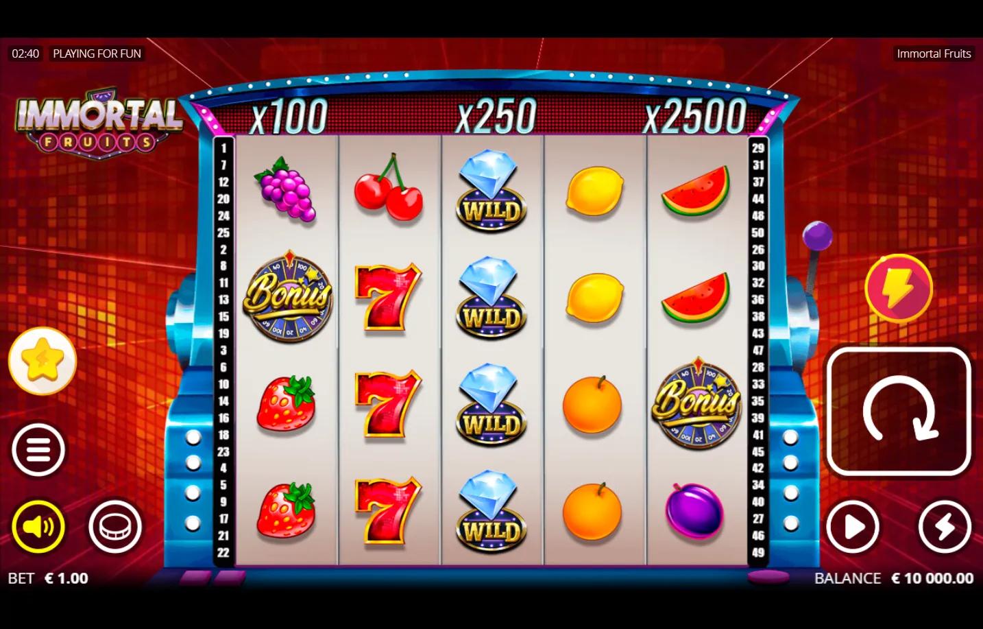 Immortal Fruits Nolimit City slot gameplay - 5x4 retro fruit machine grid with Diamond Wild, red Seven, watermelon, strawberr