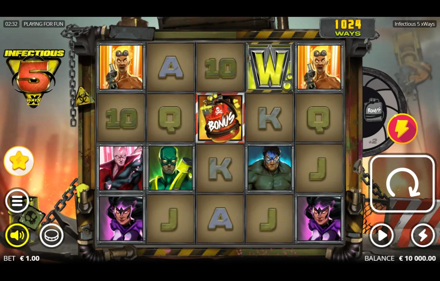 Infectious 5 xWays Nolimit City slot gameplay - post-apocalyptic mutant superhero 5-reel grid with Mindflayer, Torch, Misery,