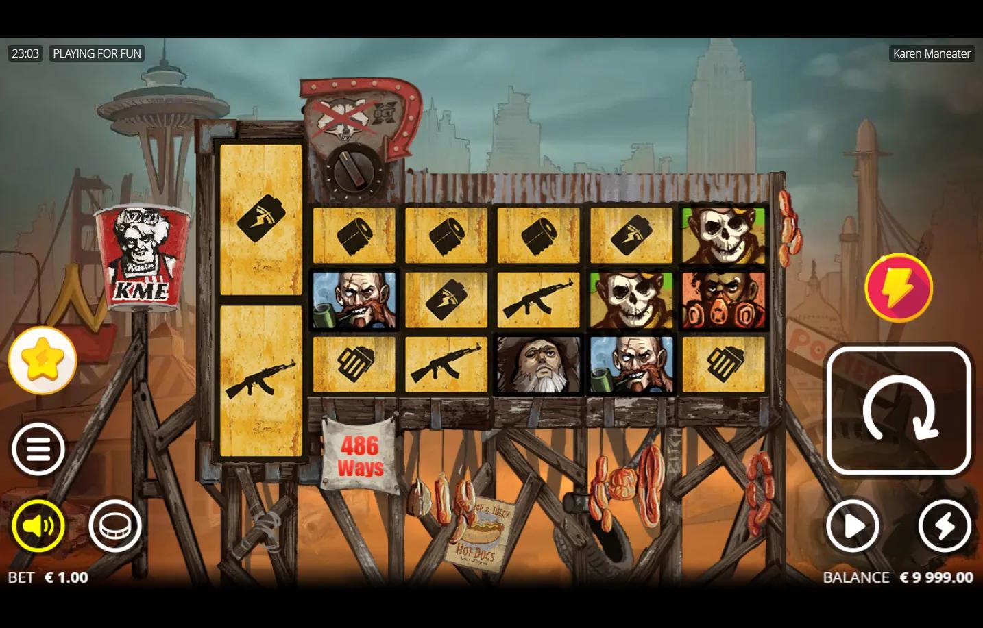Karen Maneater Nolimit City slot gameplay - post-apocalyptic wasteland background with Statue of Liberty ruins, asymmetric 6-