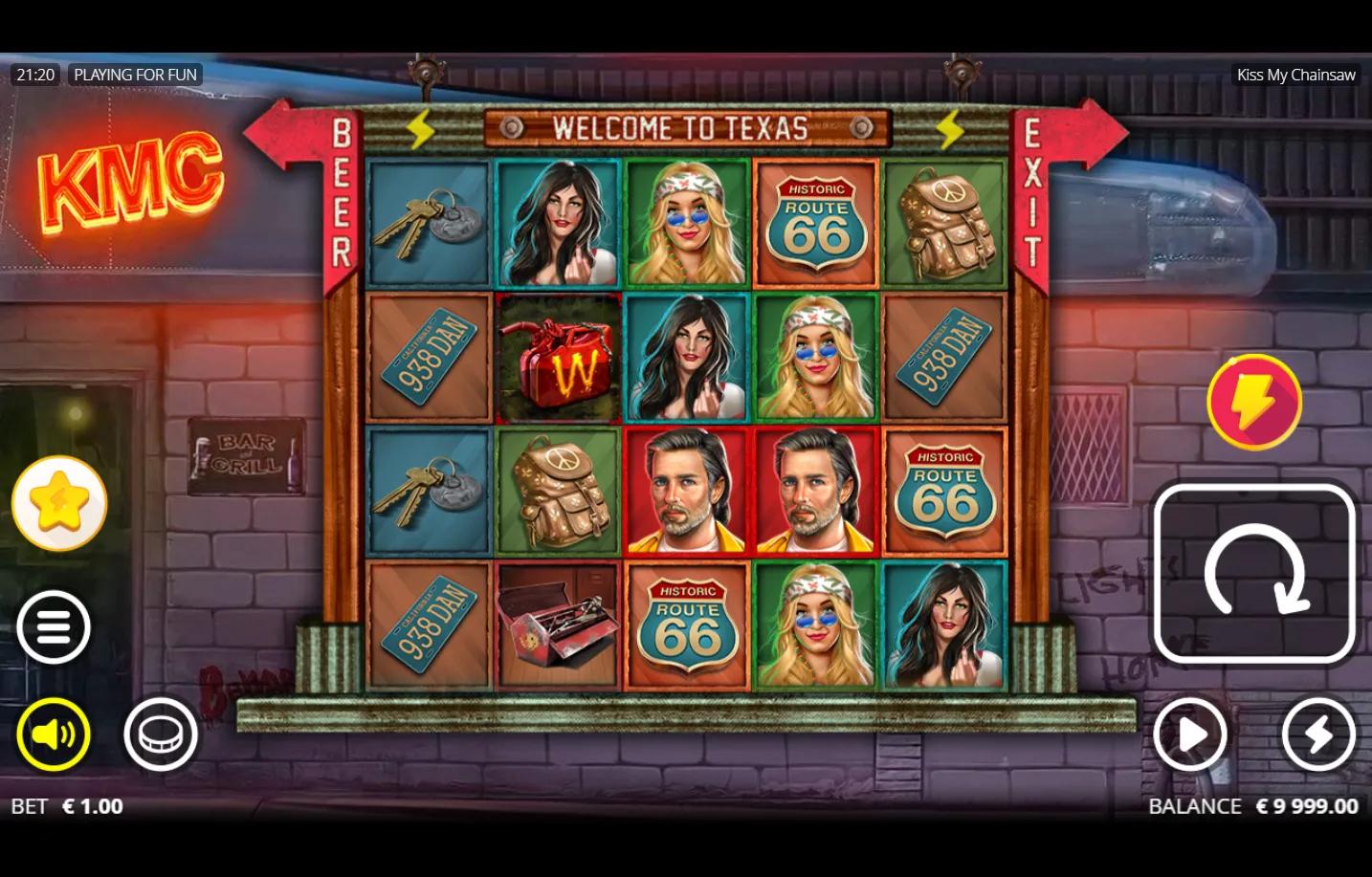Kiss My Chainsaw slot gameplay showing 5x4 grid with hitchhiker symbols and Route 66 cells under KMC neon chainsaw