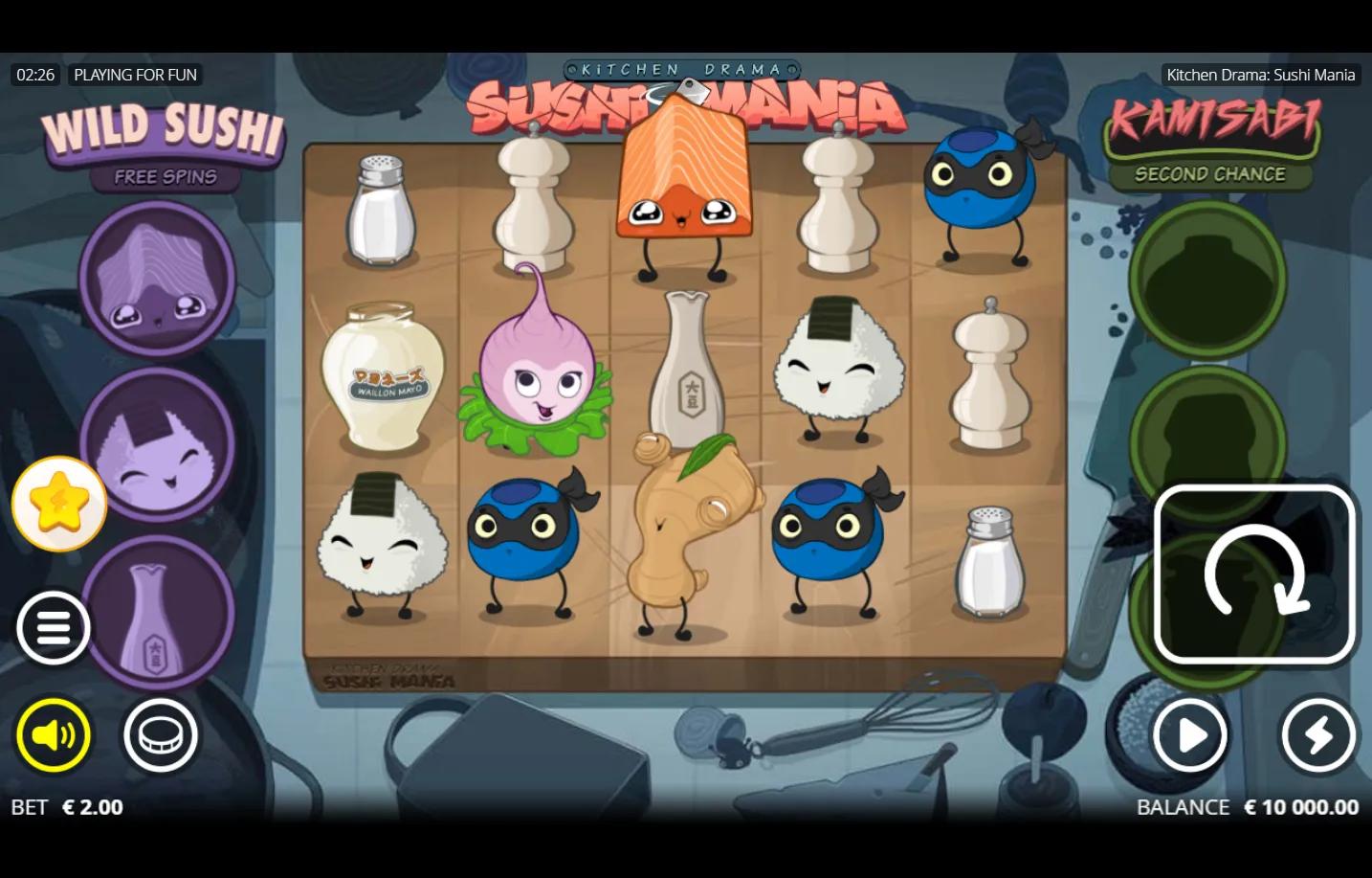 Kitchen Drama Sushi Mania Nolimit City slot gameplay - kawaii Japanese sushi cartoon 5-reel grid with smiling onigiri rice ba