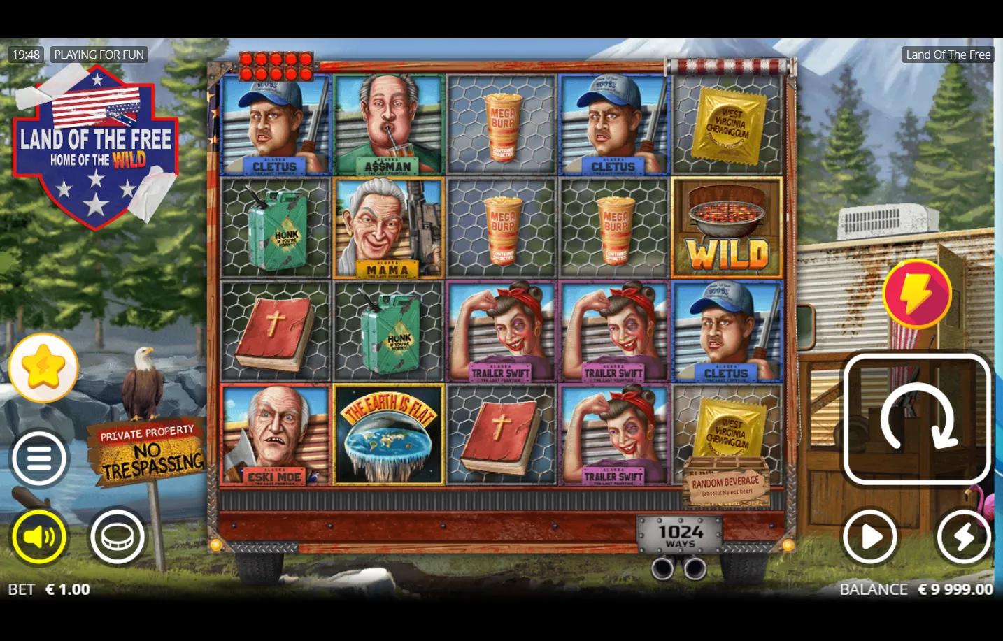 Land of the Free Nolimit City slot 5x4 grid with 1024 ways and trailer-park symbols on a redneck truck backdrop