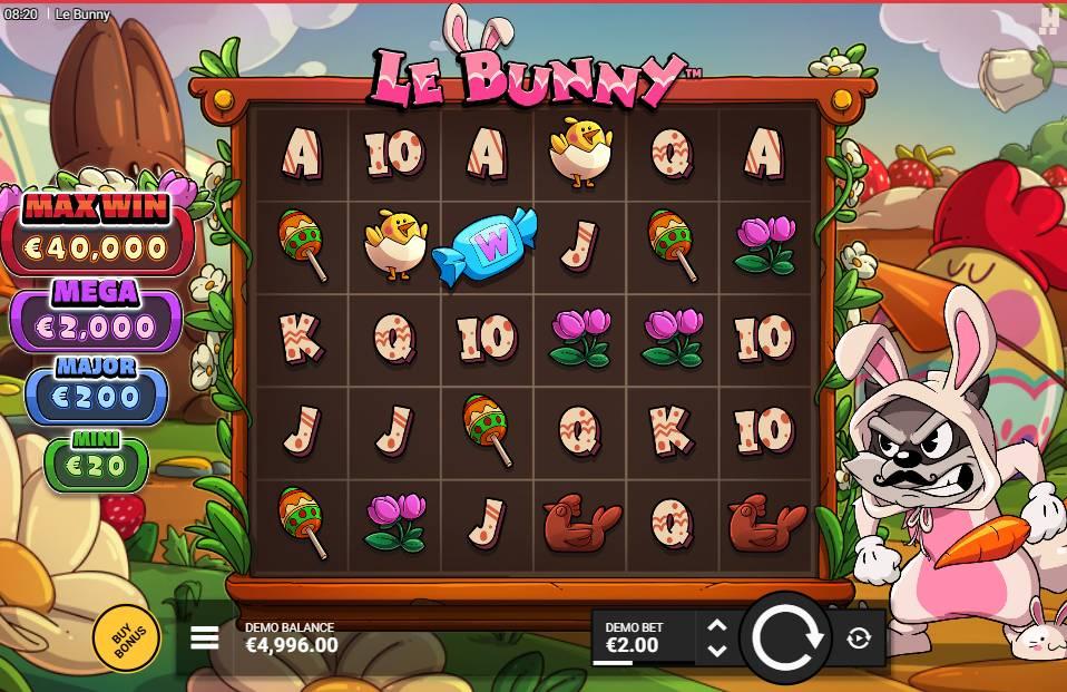 Le Bunny slot gameplay showing cartoon-style grid with colorful bunny symbols and bonus features