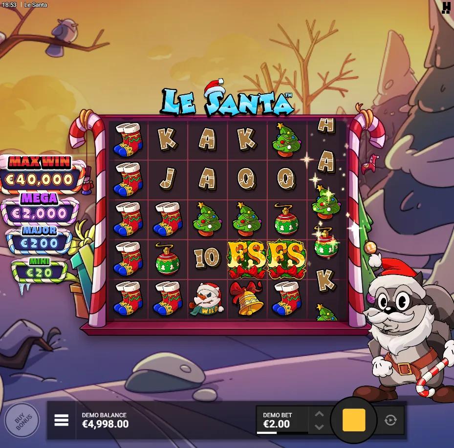 Le Santa reels showing Christmas symbols and Bonus Game