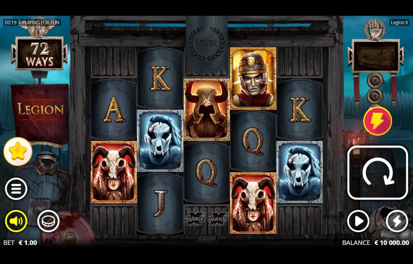 Legion X Nolimit City slot gameplay showing variable 2-3-2-3-2 Roman battlefield grid with centurion, standard-bearer and tri
