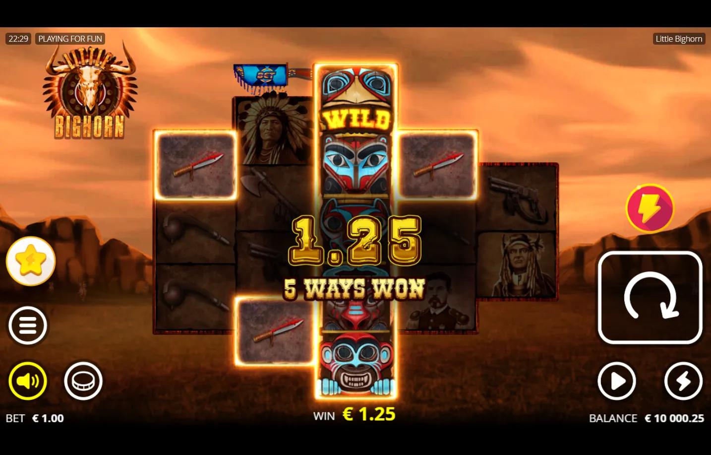 Little Bighorn Nolimit City slot gameplay - asymmetric 3-4-5-3-2 reel grid with Native American beaded frame, totem scatter a