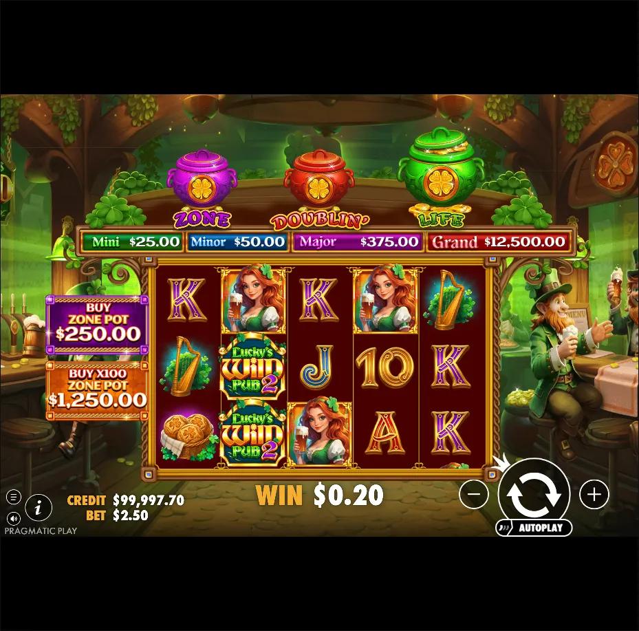 Lucky's Wild Pub 2 gameplay showing 5x3 grid with Irish pub theme, three collection pots, and four fixed jackpots
