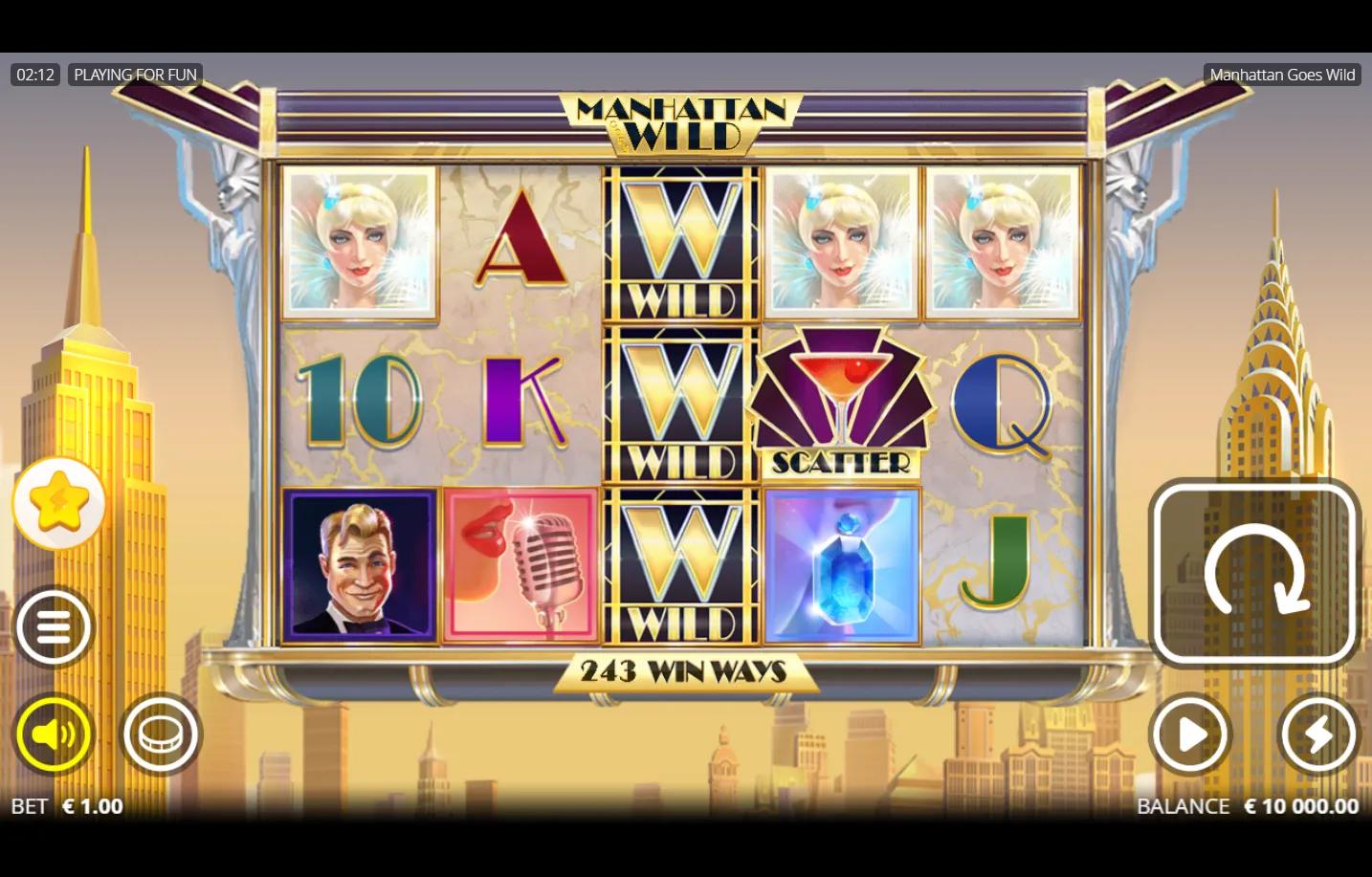 Manhattan Goes Wild slot gameplay showing 5x3 Art Deco grid with Betty flapper, Bugsy, jazz singer microphone and stacked gol