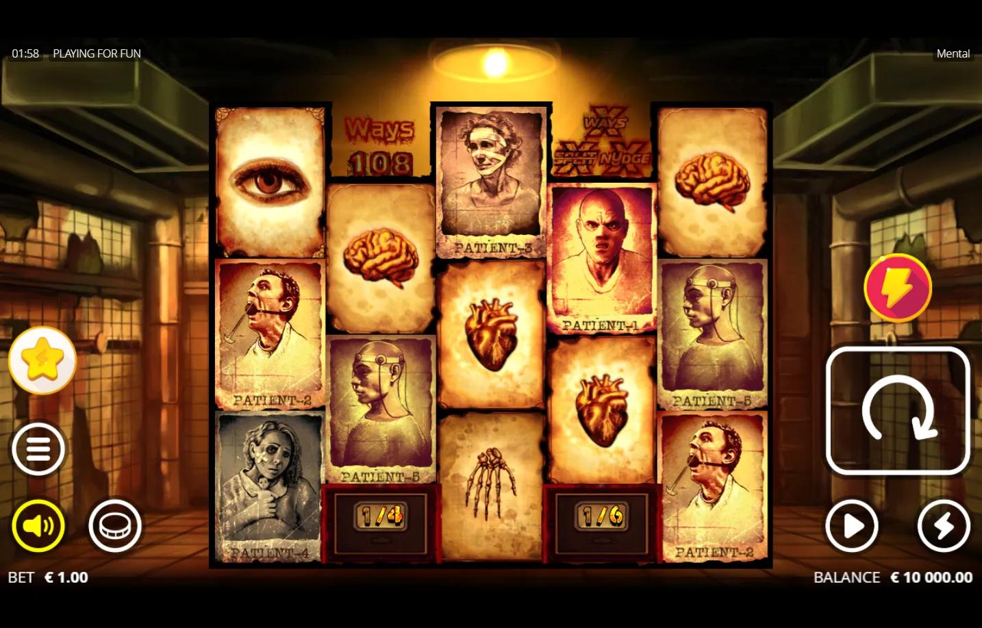 Mental Nolimit City slot gameplay screenshot showing 5-reel asylum-horror grid with Patient mugshot cards, brain and heart or