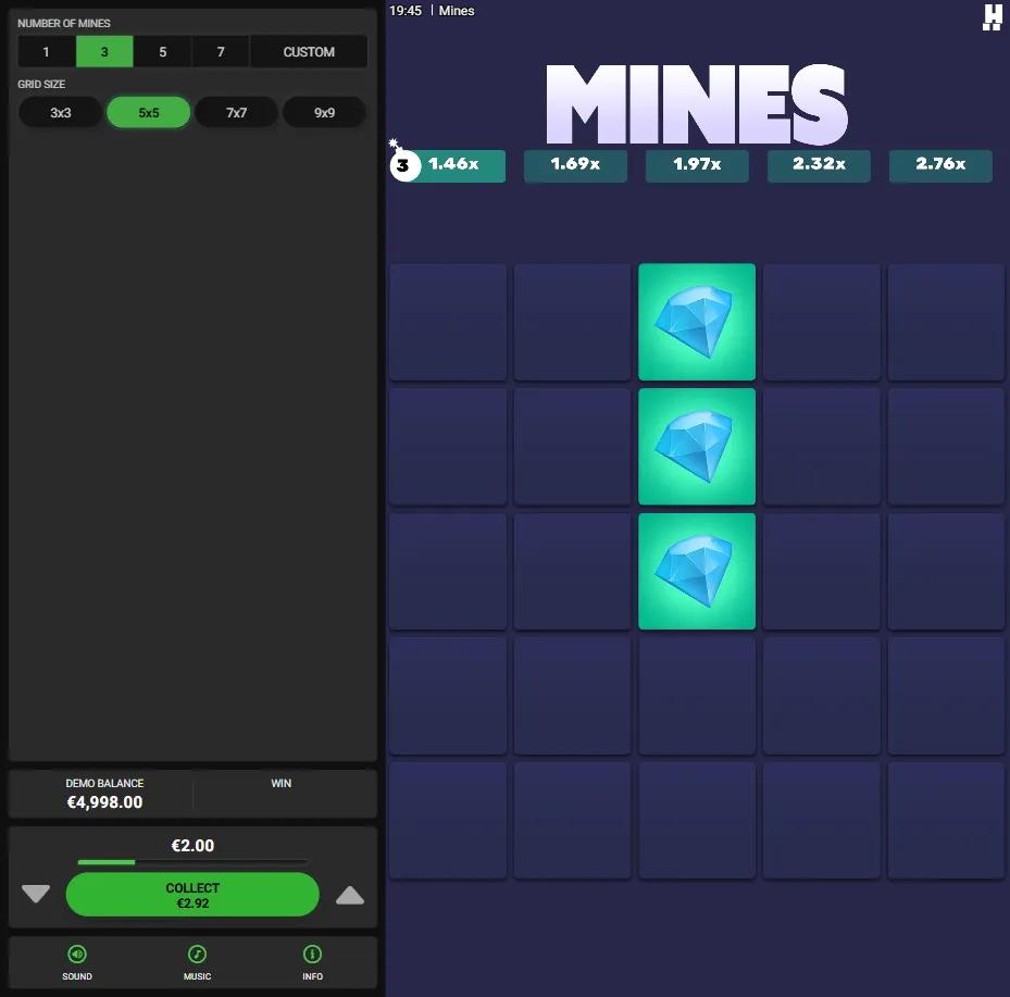 Mines by Hacksaw Gaming gameplay showing 5x5 grid with revealed diamond