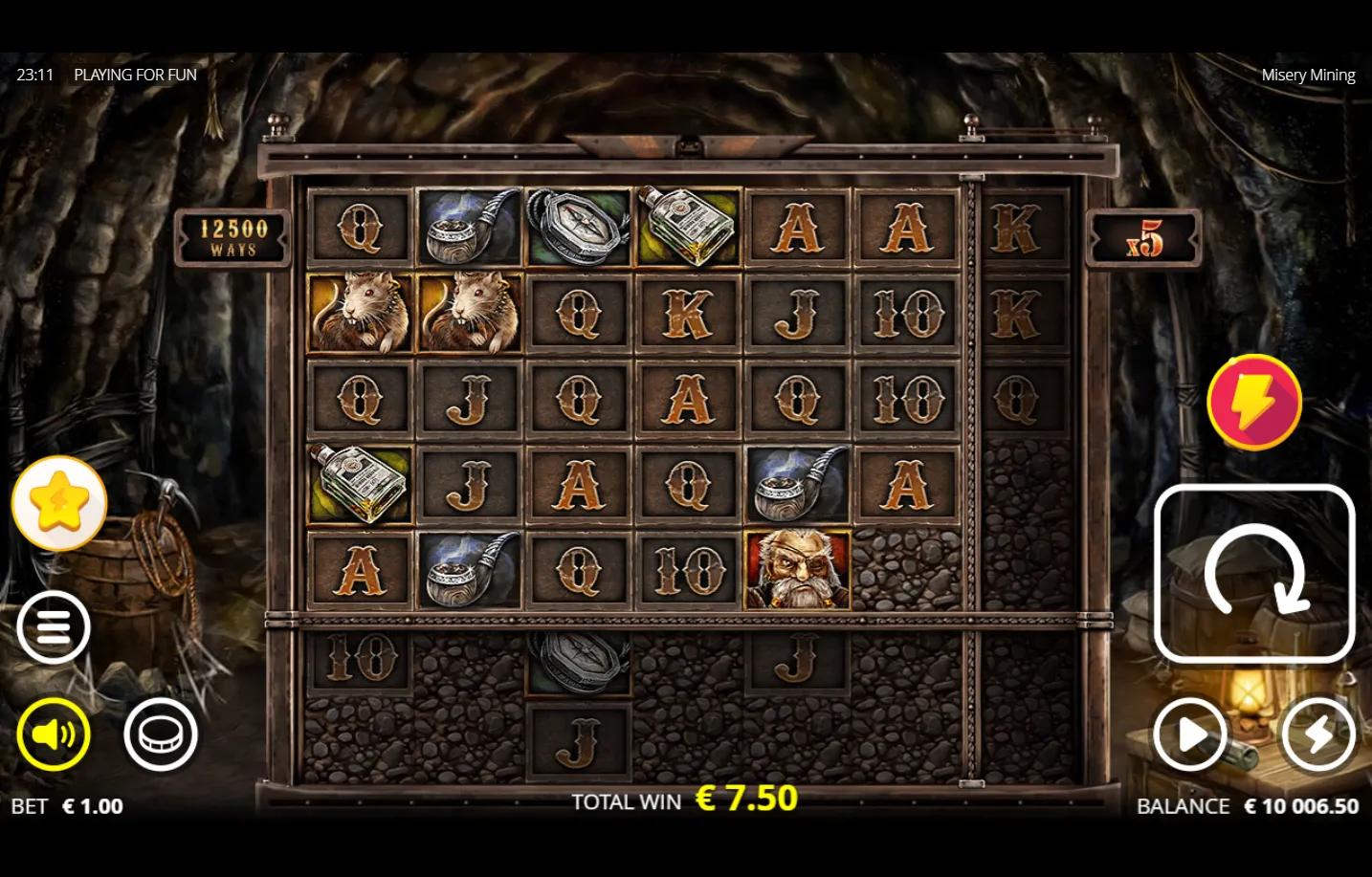 Misery Mining Nolimit City slot gameplay - 7x7 grid in dark mine shaft with central 3x3 active area, wooden barrier-blocked o